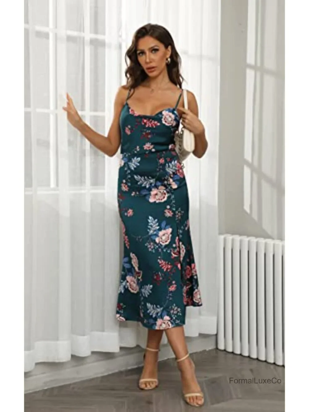 Satin Midi Dress Sleeveless Spaghetti Strap Cowl Neck Backless Formal